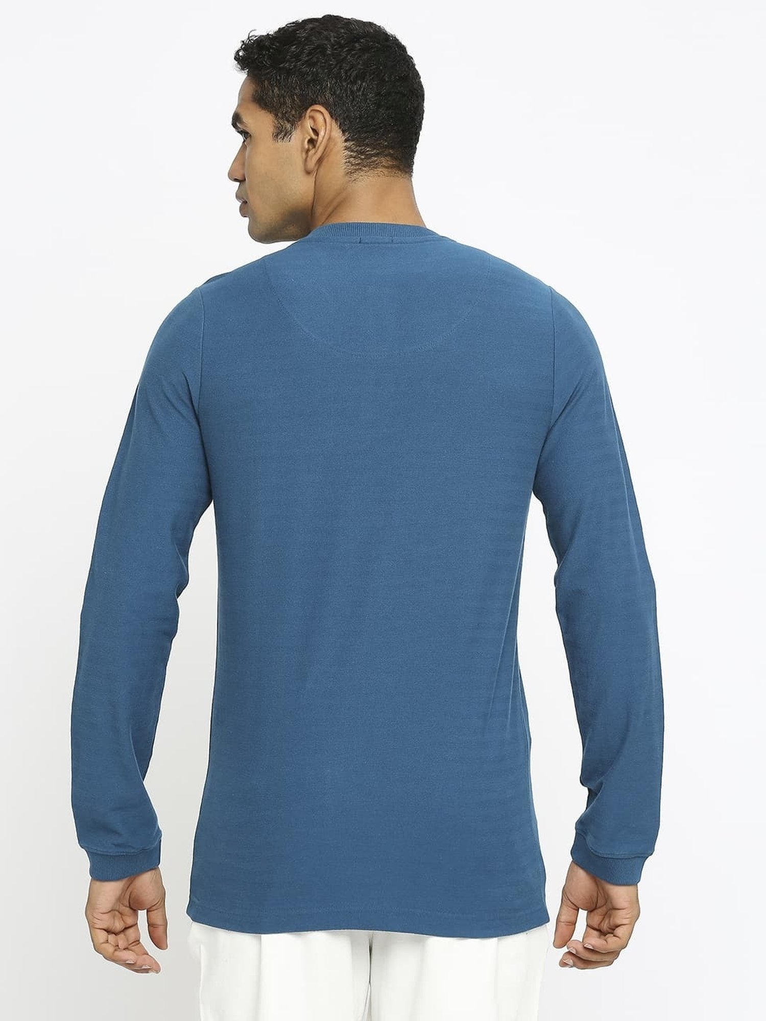 Basics Blue Cotton Muscle Fit Henley T-Shirt