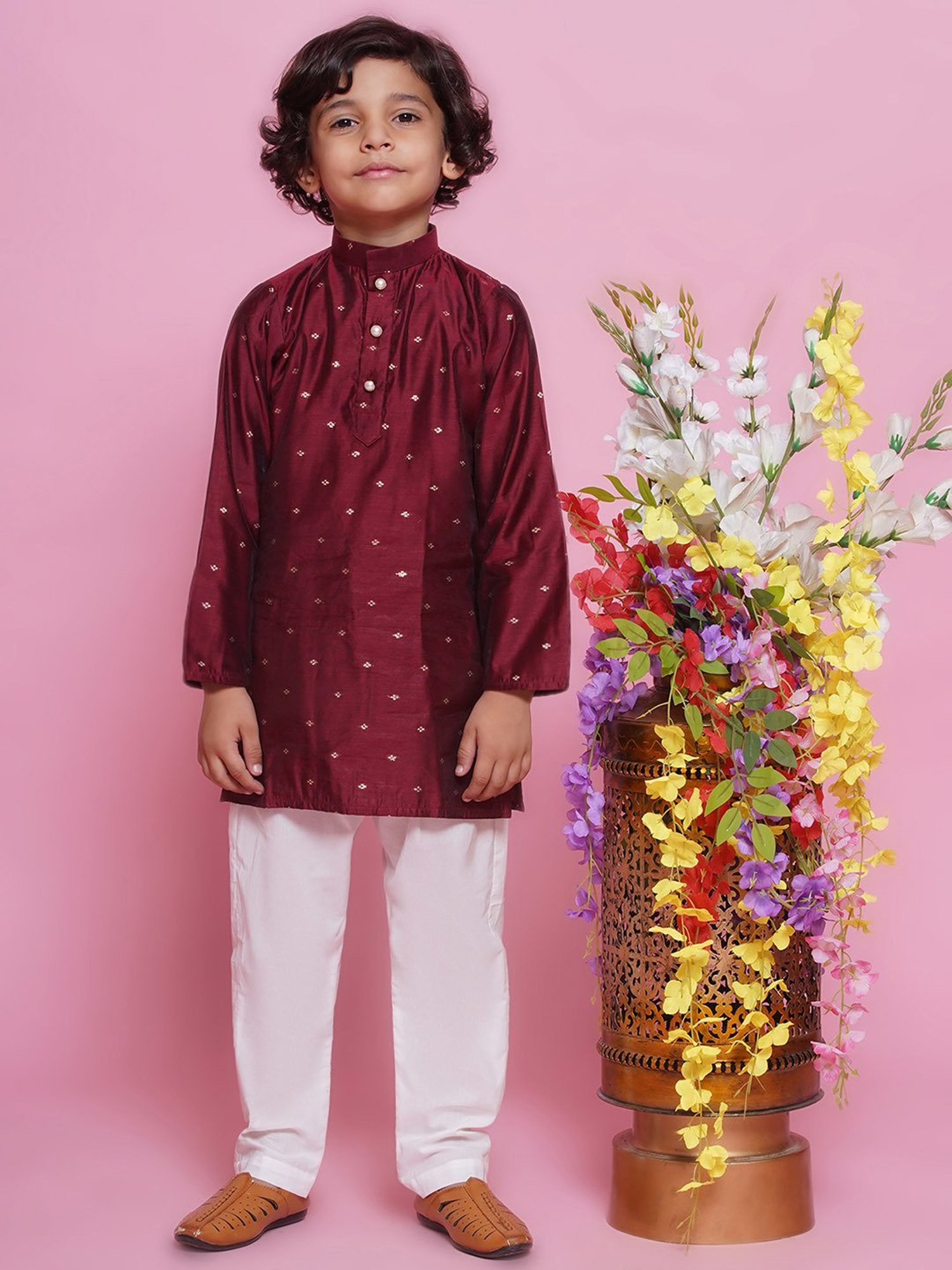 Little Bansi Boys Maroon & White Self Design Full Sleeves Kurta with Pyjamas