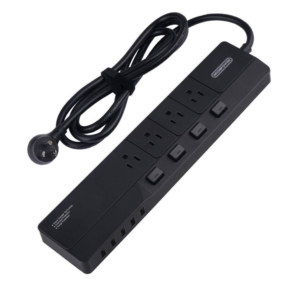 Surge Protector Power Strip with USB, NTONPOWER 4 Outlets 5 USB Desktop Charging Station, Individual Switch Controlled, Flat Plug, Circuit Breaker, 5ft Heavey Duty Extension Cord - Black