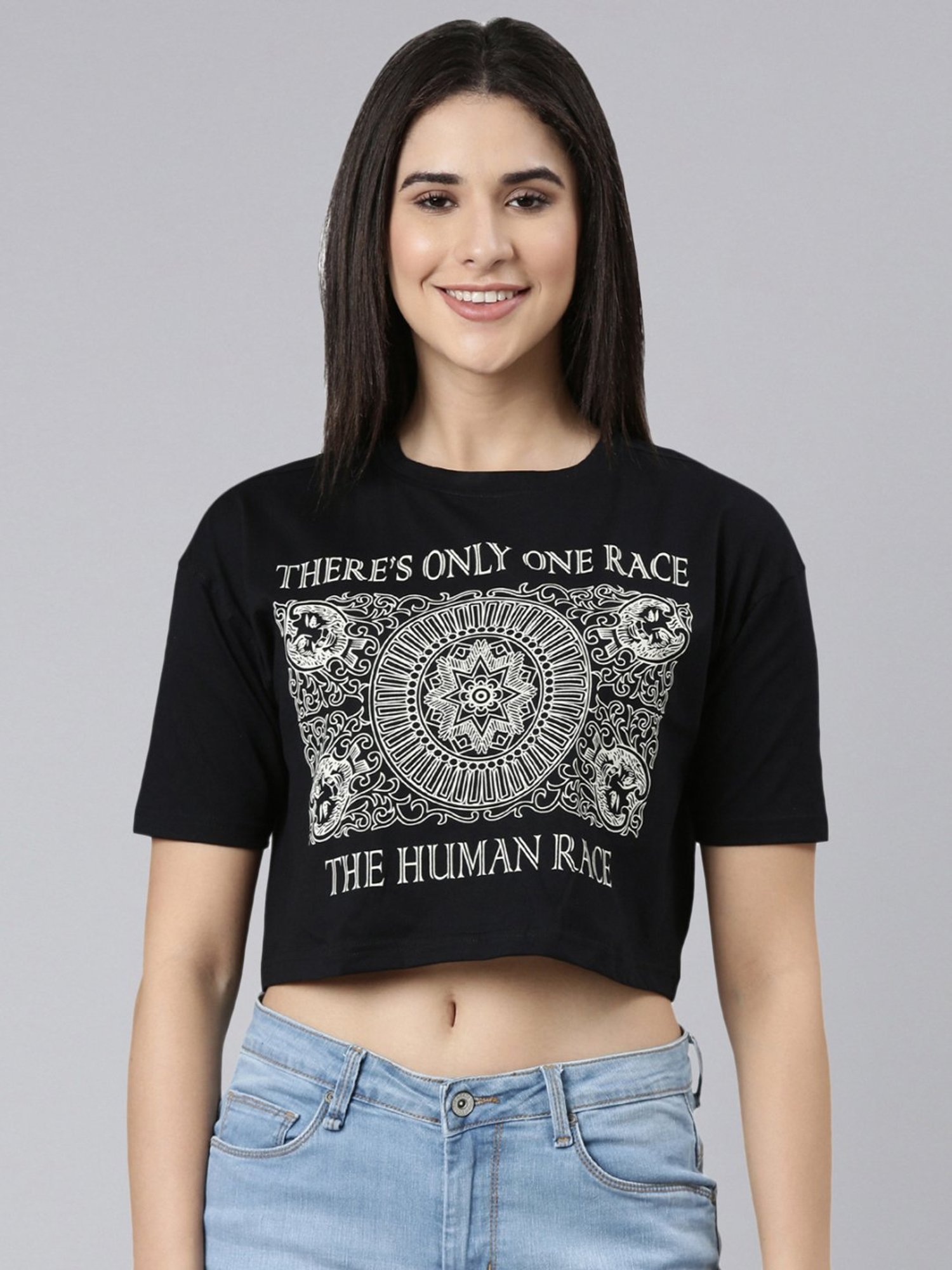 Kryptic Pure Cotton Printed Drop Shoulder Oversized Crop T-Shirt