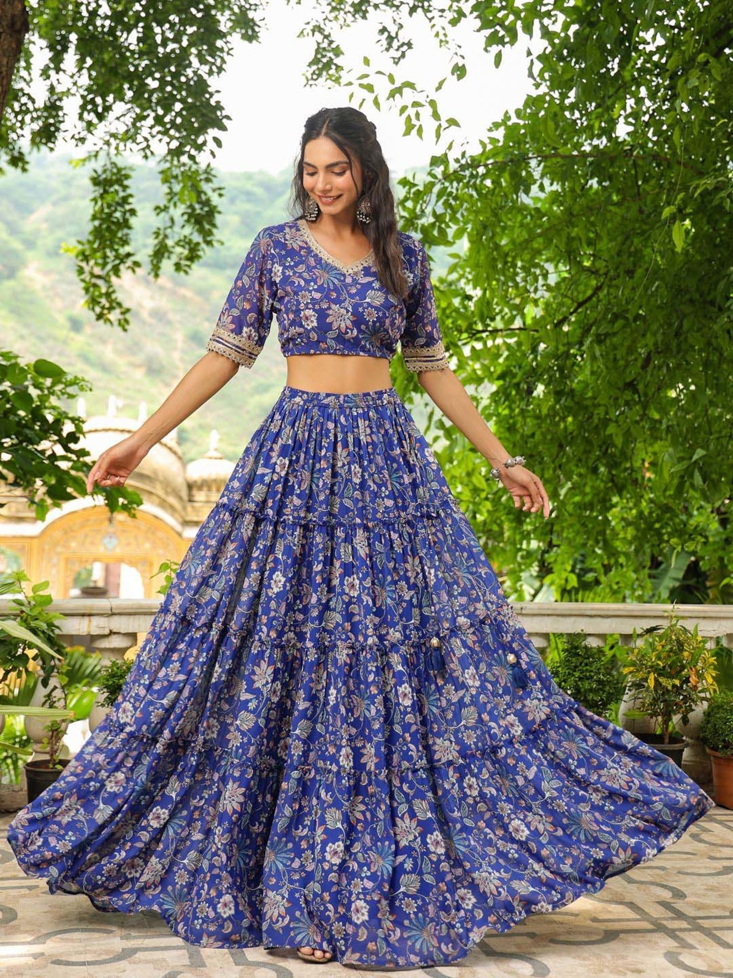 Janasya Blue Printed Lehenga Choli Set With Dupatta