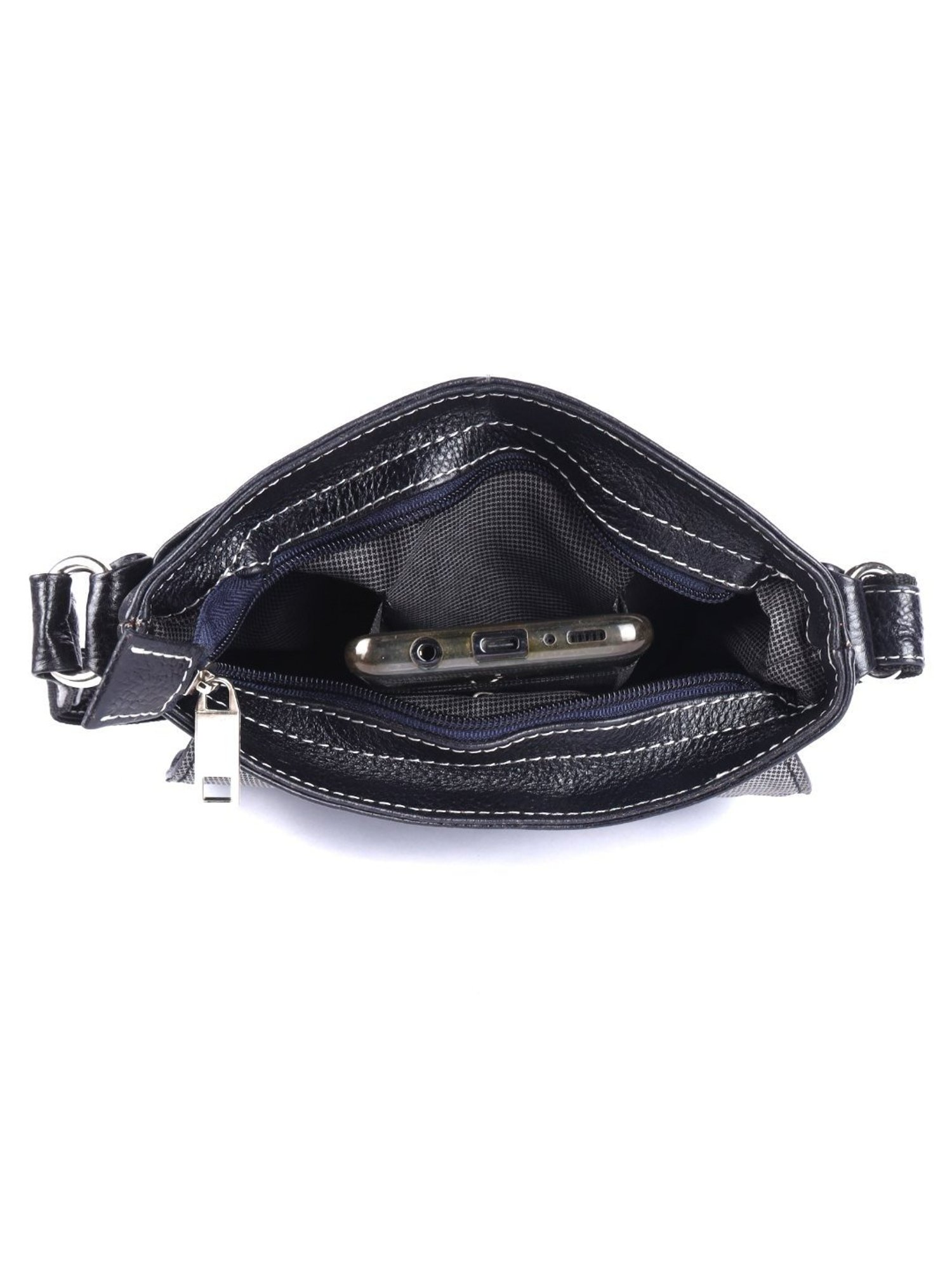 HiLEDER Black Textured Medium Leather 8 inch Cross Body Bag