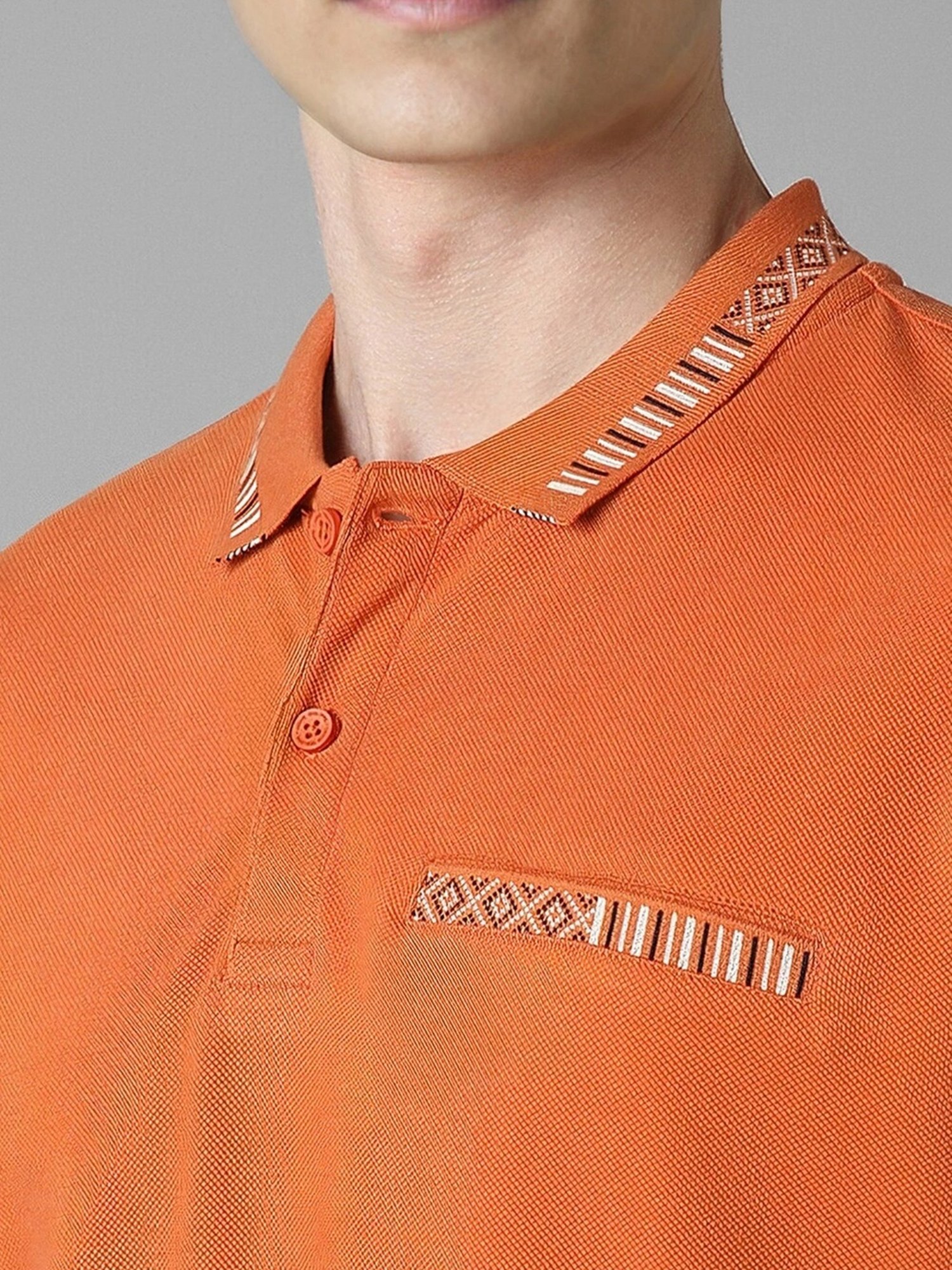 Louis Philippe Orange Cotton Slim Fit Printed Polo T-Shirt