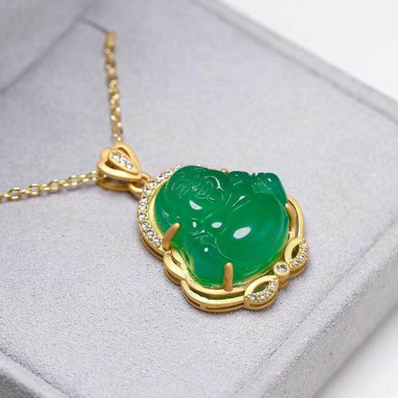Beautiful Dark Green Jade Buddha Pendant Necklace 14k Gold Plated Chinese Jade