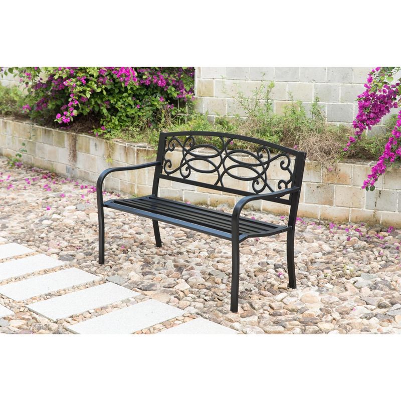 Gardenised Black Outdoor Steel Park Bench Cast Iron Scrollwork Backrest Garden Lawn Decor