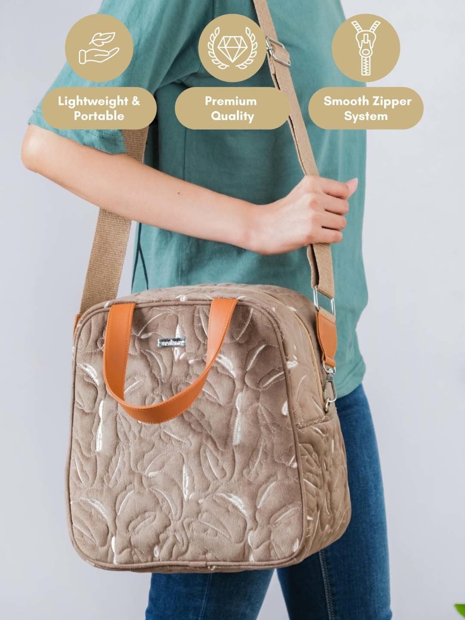 Nestasia High-Quality Insulated Velvet Beige Lunch Bag With Adjustable Shoulder Strap & Handles