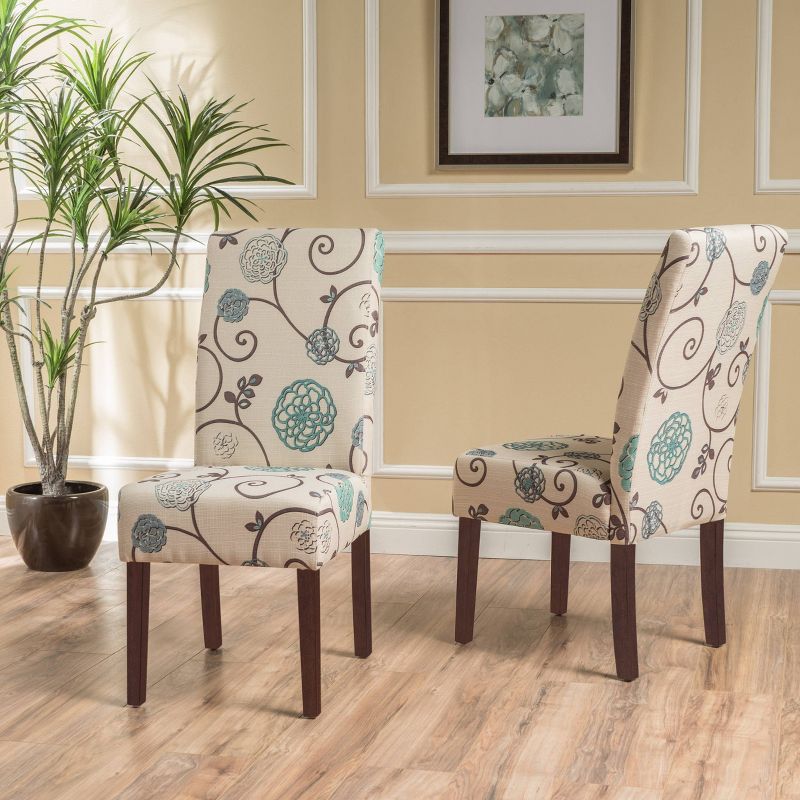 Set of 2 Pertica Contemporary Fabric Dining Chairs Light Beige with Blue Floral - Christopher Knight Home