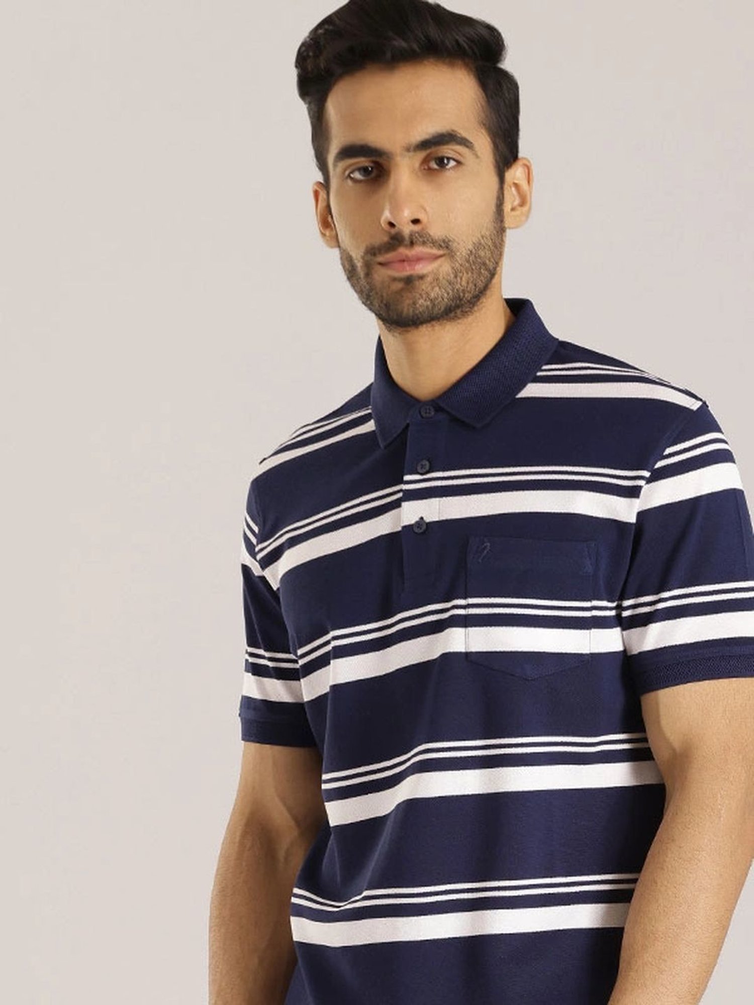 Indian Terrain Peacoat Regular Fit Striped Polo T-Shirt