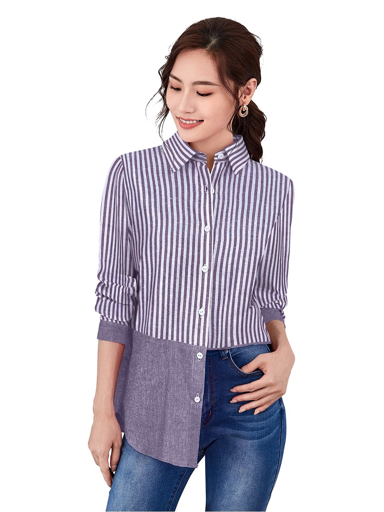 KERI PERRY Purple & White Cotton Striped Shirt