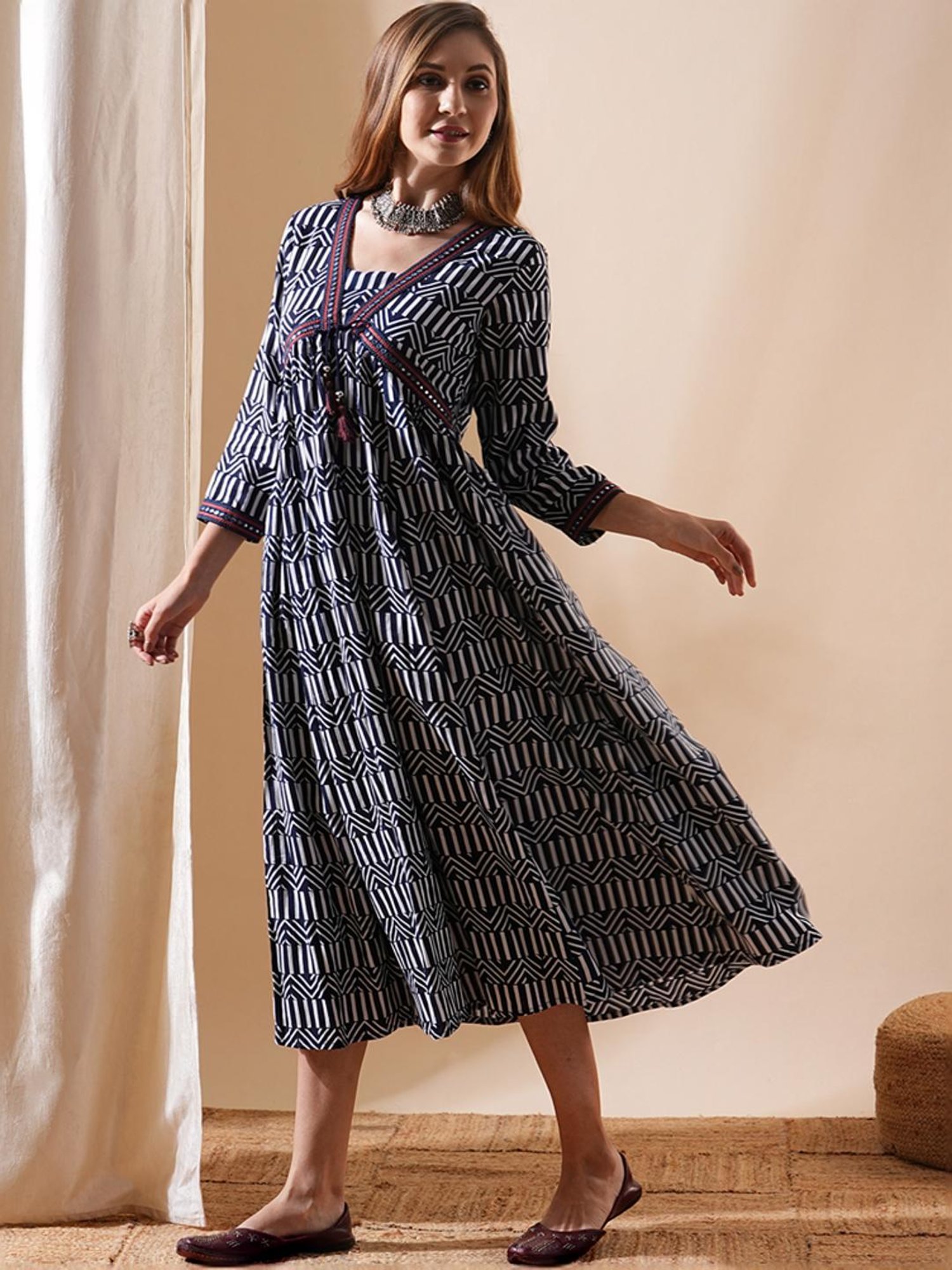 Fashor Navy Printed A-Line Dress
