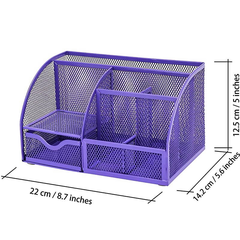 Mesh Desk Organizer Office with 7 Compartments + DrawerDesk Tidy CandyPen HolderMultifunctional Organizer Purple Color EX348PPL