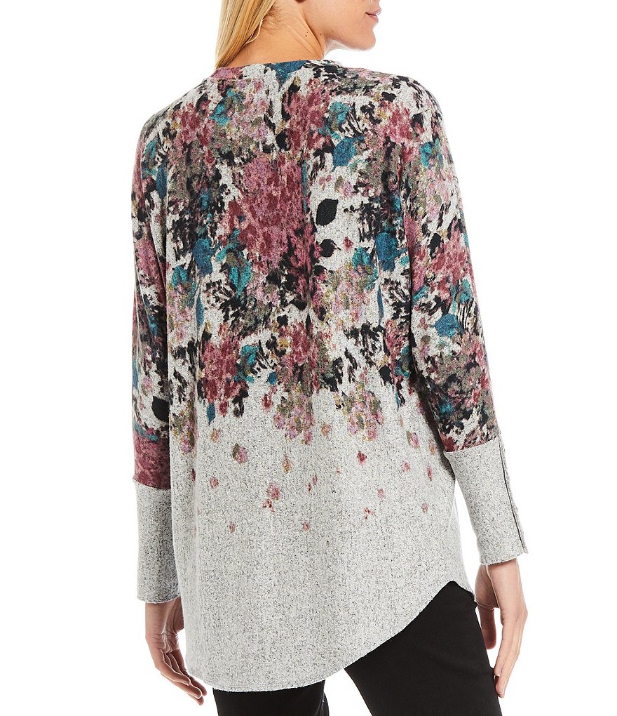 Westbound Petite Size Floral Placement Long Dolman Sleeve Button Cuff Crew Neck Top