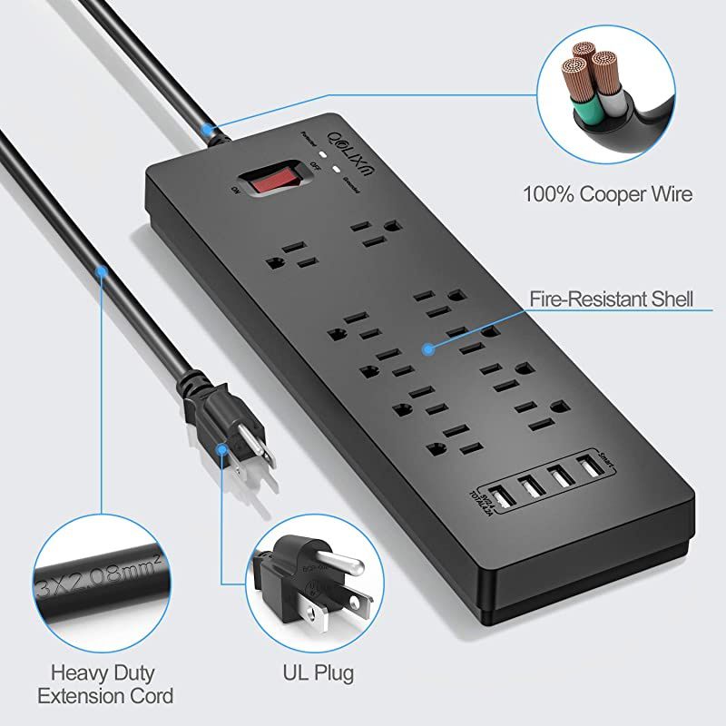 Power Strip,  Surge Protector with 10 AC Outlets & 4 USB Ports (5V/4.2A), 1875W/15A, 6 Feet Long Extension Cord(Black)