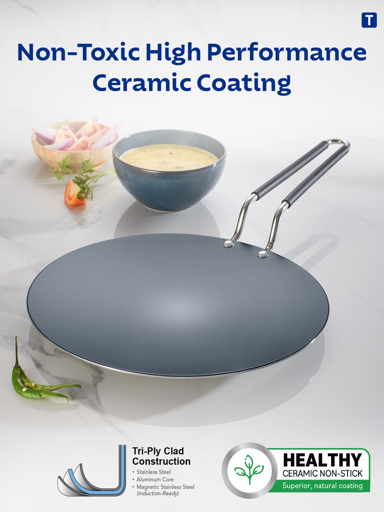 Tramontina Fusao Non-Toxic Triply Stainless Steel Ceramic Concave Tawa 26cm Stay Cool Handle
