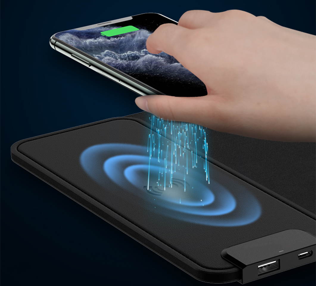 QI Mouse Pad, Leather Gaming Smart Wireless Charging Mouse Pad 15W Fast Charging 3 in 1, Optical Enhancement Smooth Computer Mice Mat