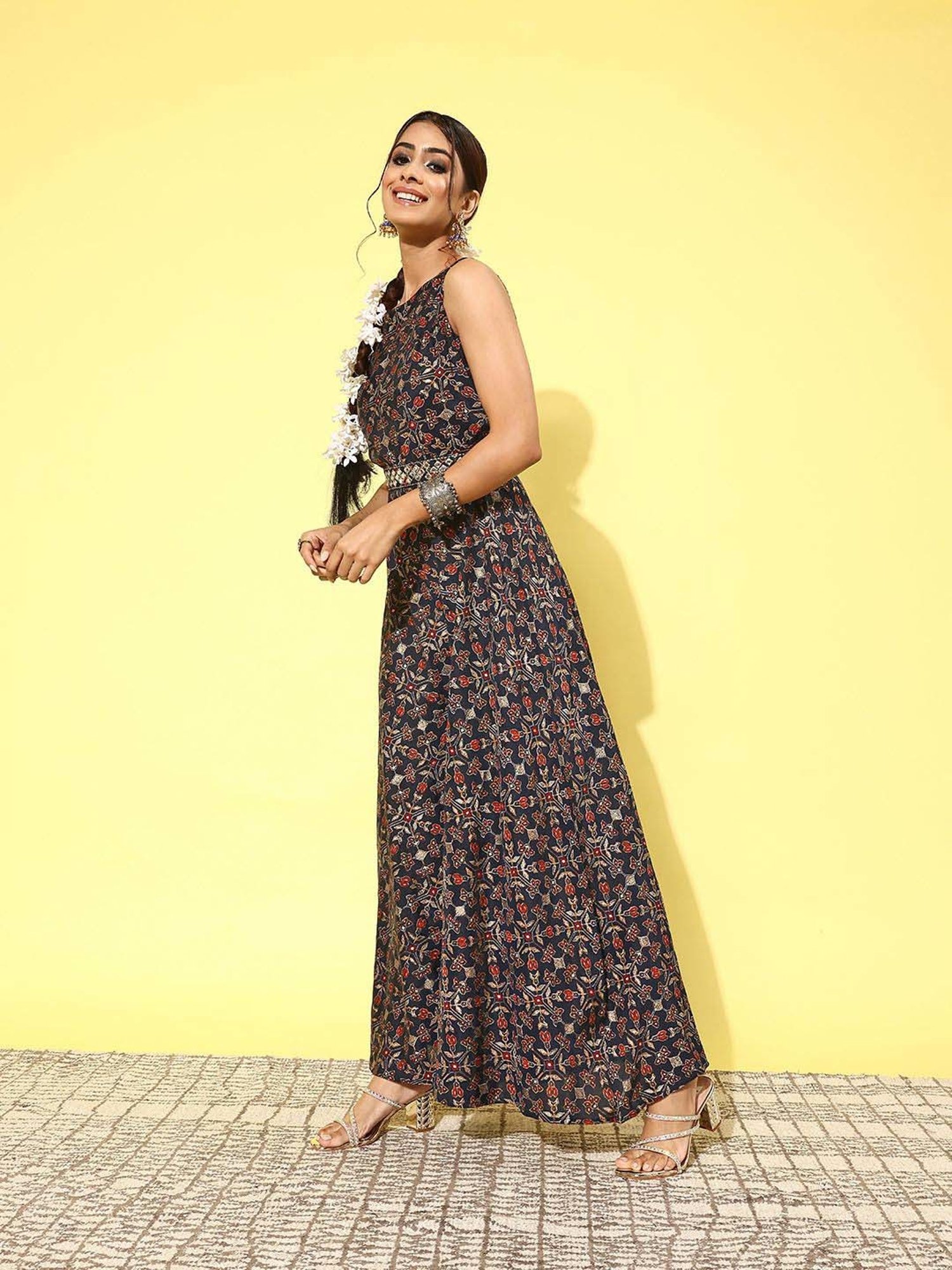 Libas Blue Printed A-Line dress Jumpsuit