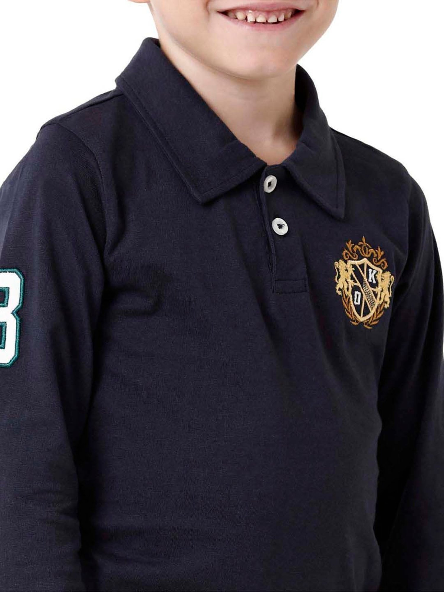 Kate & Oscar Kids Navy Cotton Embroidered Full Sleeves Polo T-Shirt