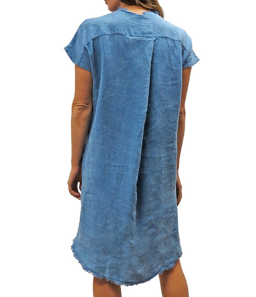 Karyn Seo Emilia Embroidered Linen Raw Hi-Low Hem Tunic Dress