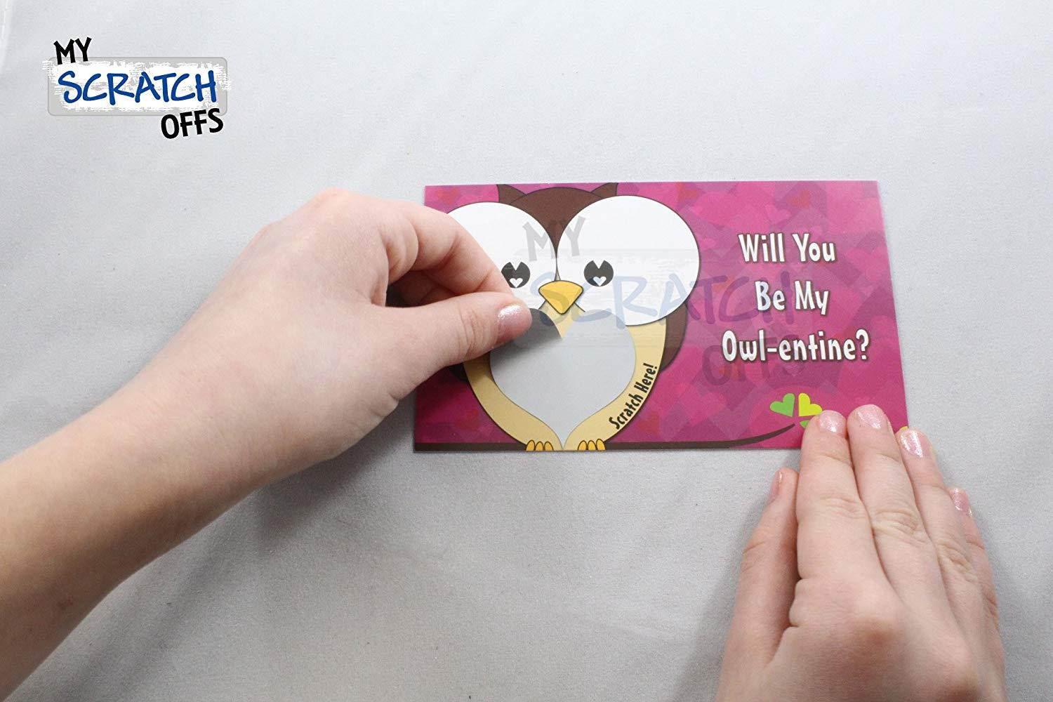 Girl OWL Valentines Day DIY Scratch-off School Kids Classroom Love Notes Mini Cards Kit, Write Your Own Messages (25 cards) My Scratch Offs