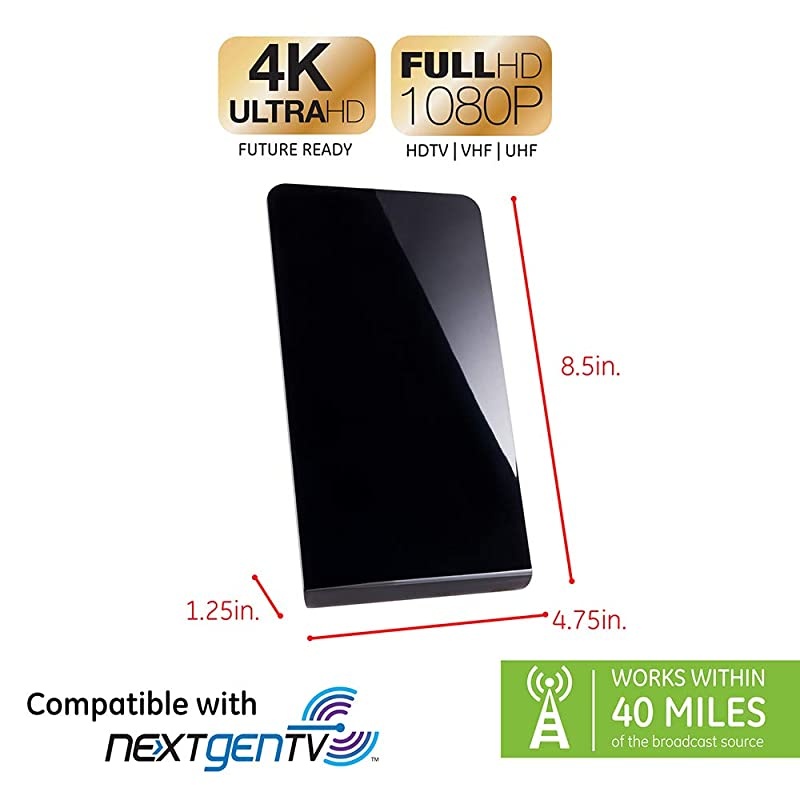 Pro Flat Indoor TV Antenna 30 Mile Antenna Slim Home Decor Digital HDTV Antenna Smart TV 4K 1080P VHF UHF Coaxial Cable Black 33681