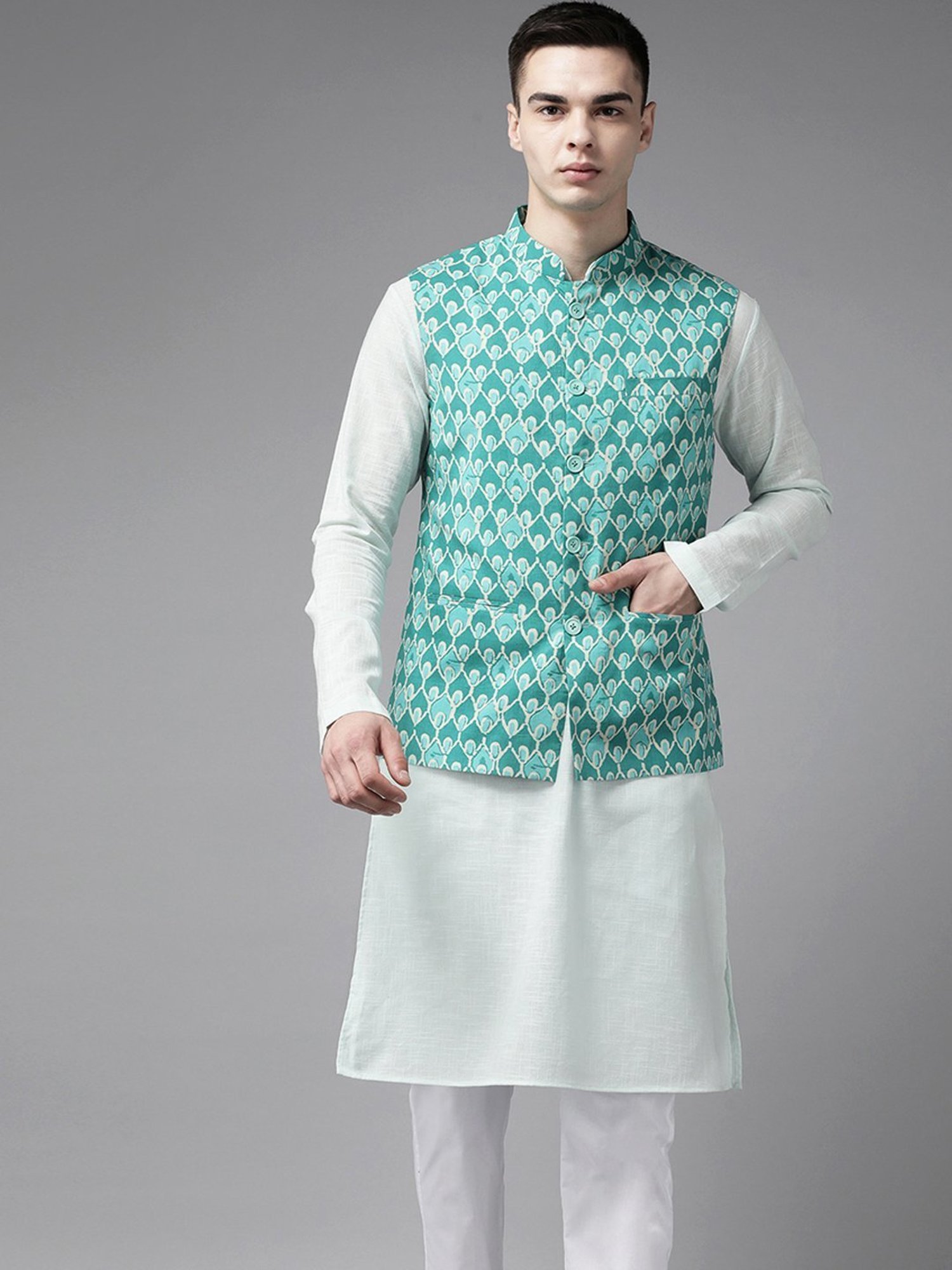 See Designs Green Cotton Regular Fit Printed Nehru Jacket