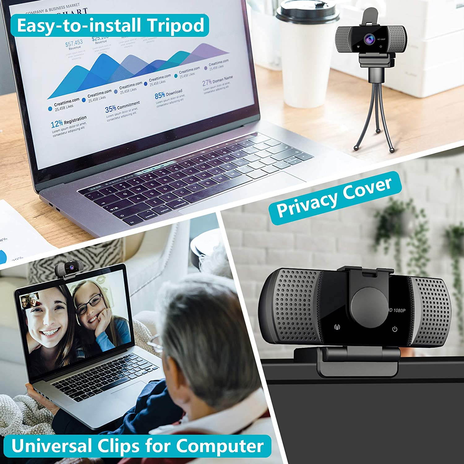 Webcam with Microphone Full 1080P HD with Privacy Cover & Tripod 110&deg;Wide View Angle Plug and Play Laptop Desktop USB 2.0 Web Camera for Video Calling Online Class Conferencing Recording Gaming