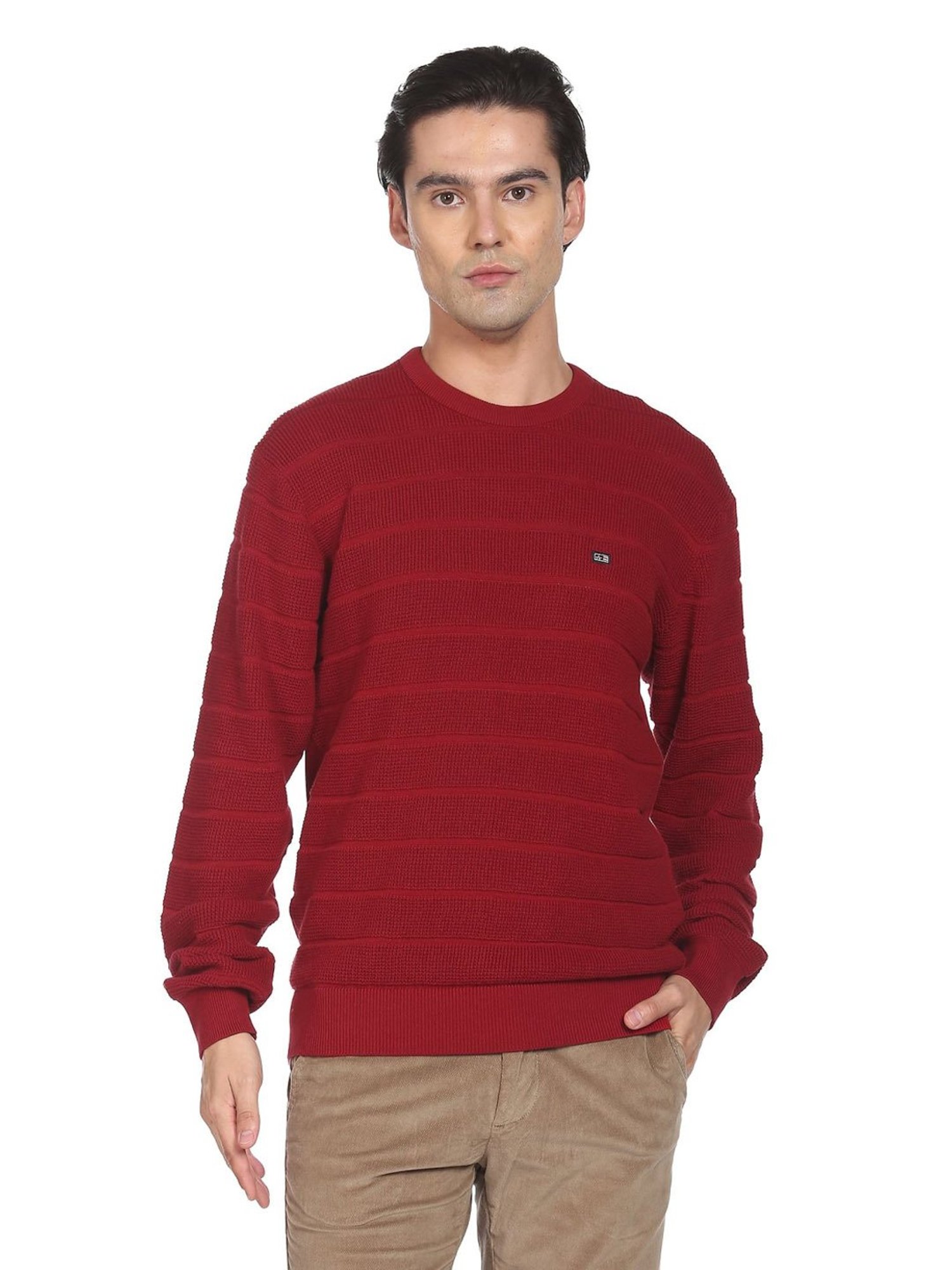 Arrow Sport Red Cotton Regular Fit Striped Sweater