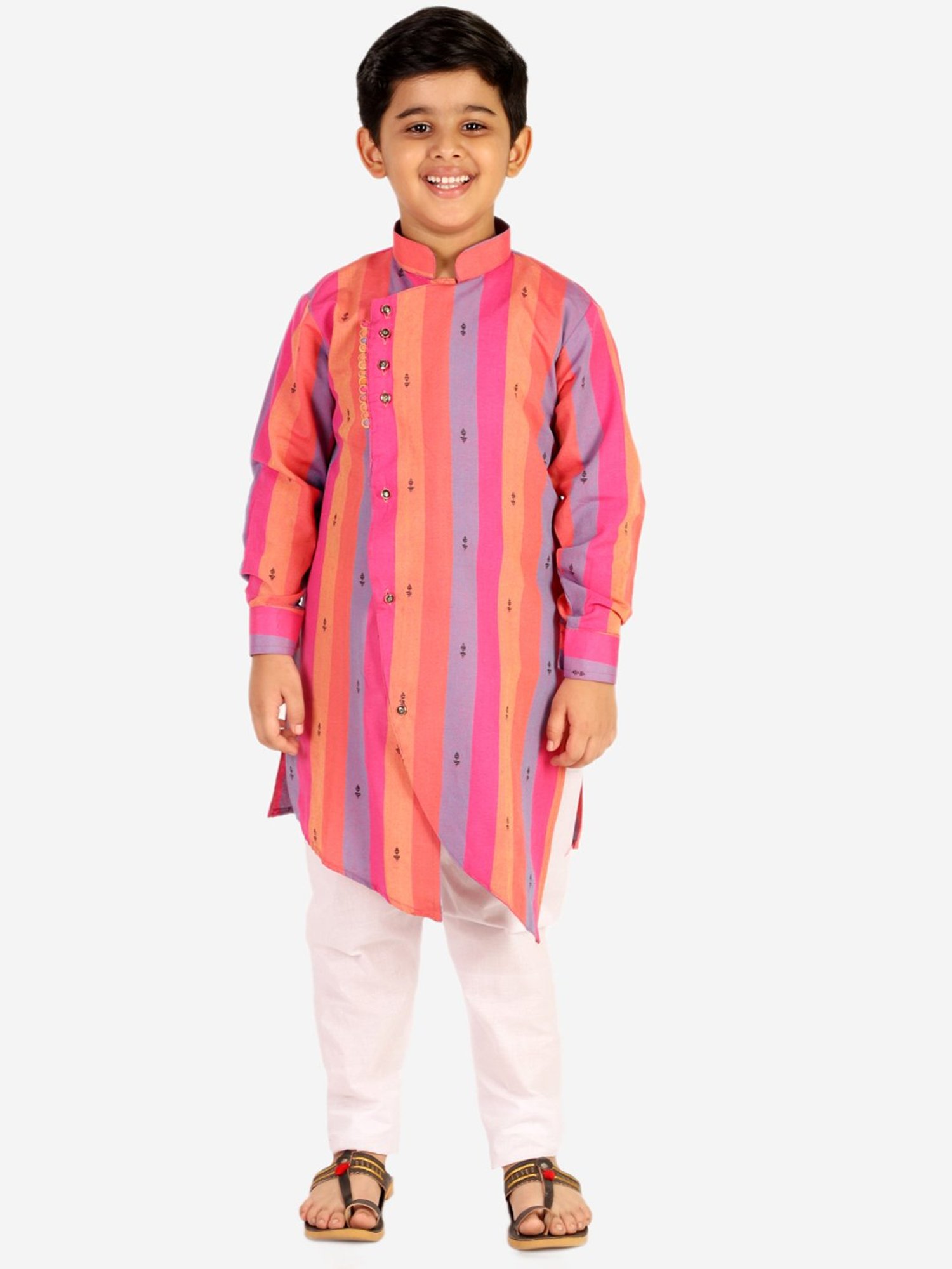 Pro-Ethic Style Developer Kids Pink & White Striped Full Sleeves Kurta with Pyjamas