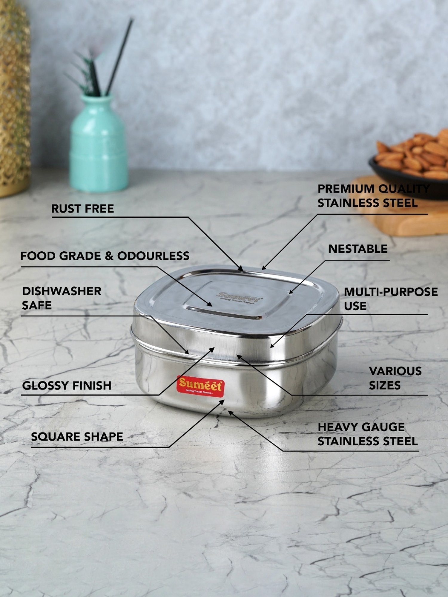 Sumeet S.S. Square Storage containers box/Dabba for Kitchen, Set of 2Pcs, 1000ml, 14cm Dia, Silver