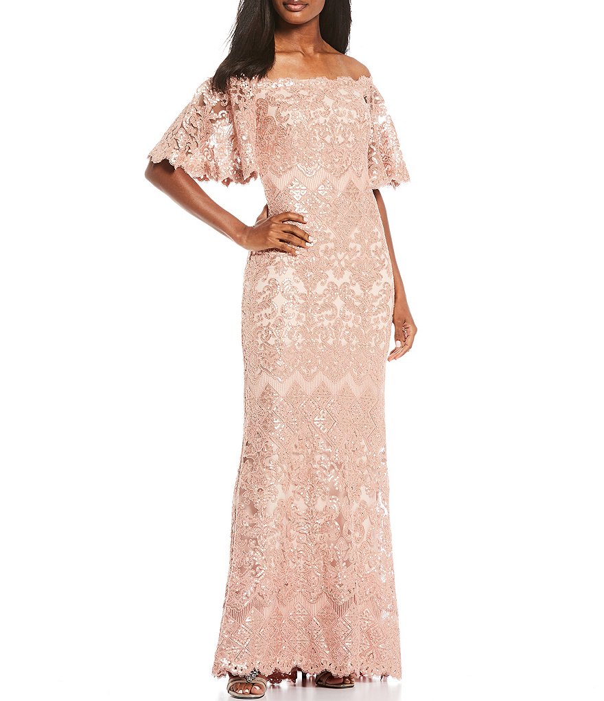 Tadashi Shoji Off-the-Shoulder Sequin Lace Scalloped Hem Gown