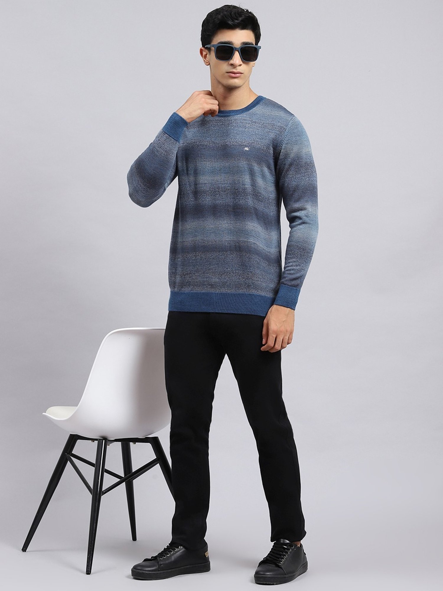 Monte Carlo Dark Blue Regular Fit Self Pattern Sweater