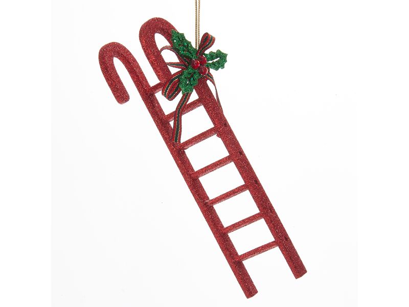 Kurt S. Adler 8.5" Red Glittered Candy Cane Ladder with Holly Accent Hanging Christmas Ornament