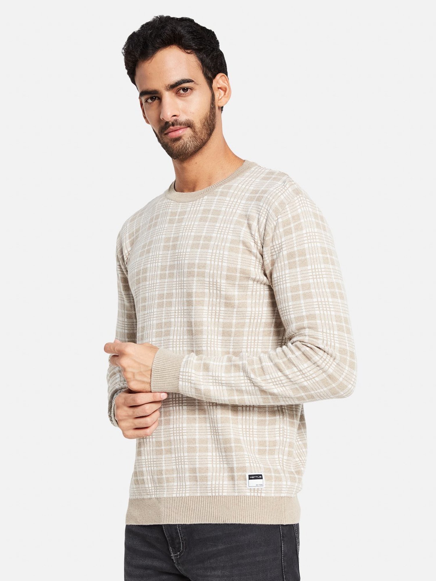 METTLE Khaki Cotton Regular Fit Checks Sweater