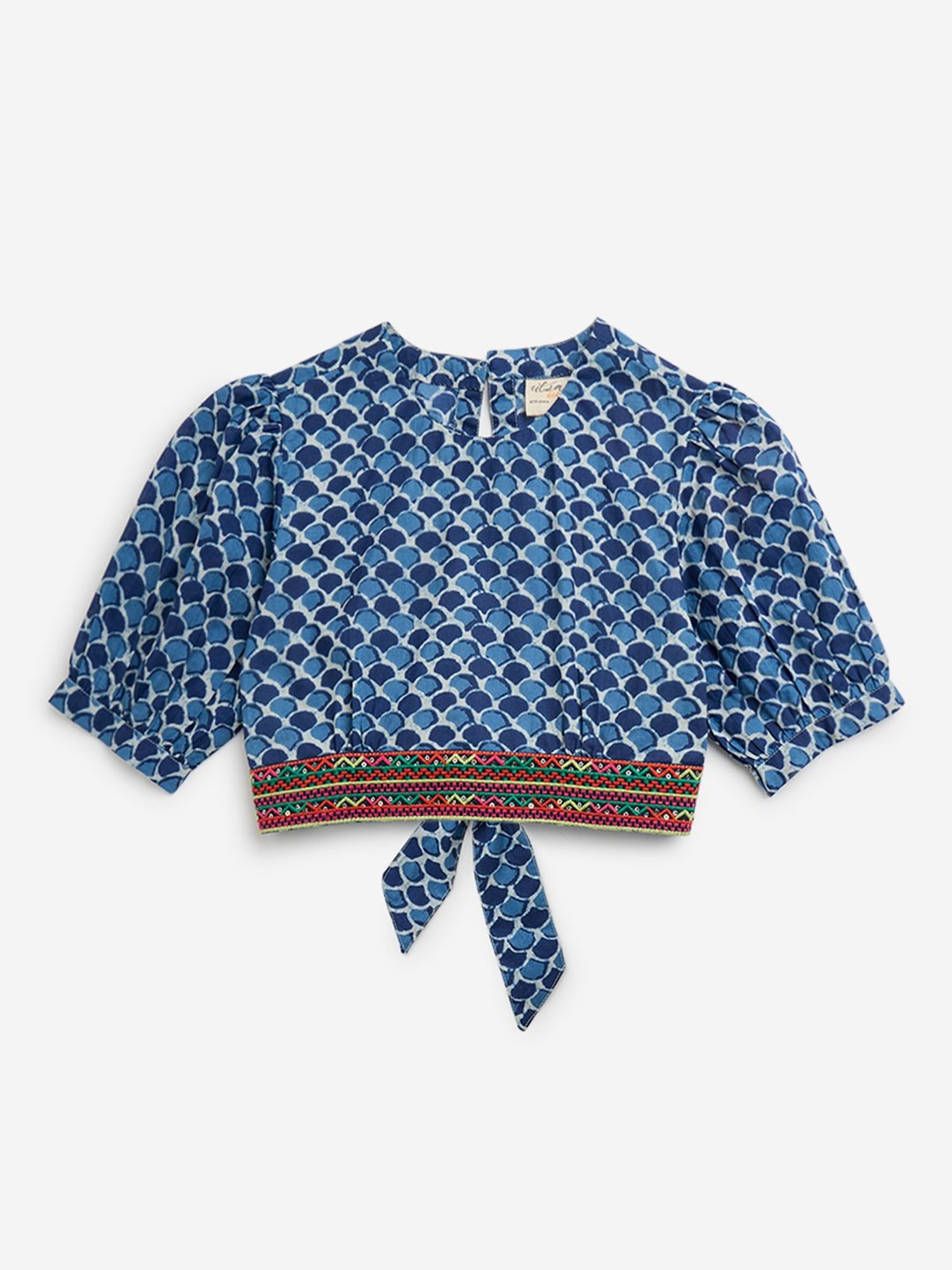 Utsa Kids by Westside Indigo Embellished and Knot-Detail Cotton Blouse