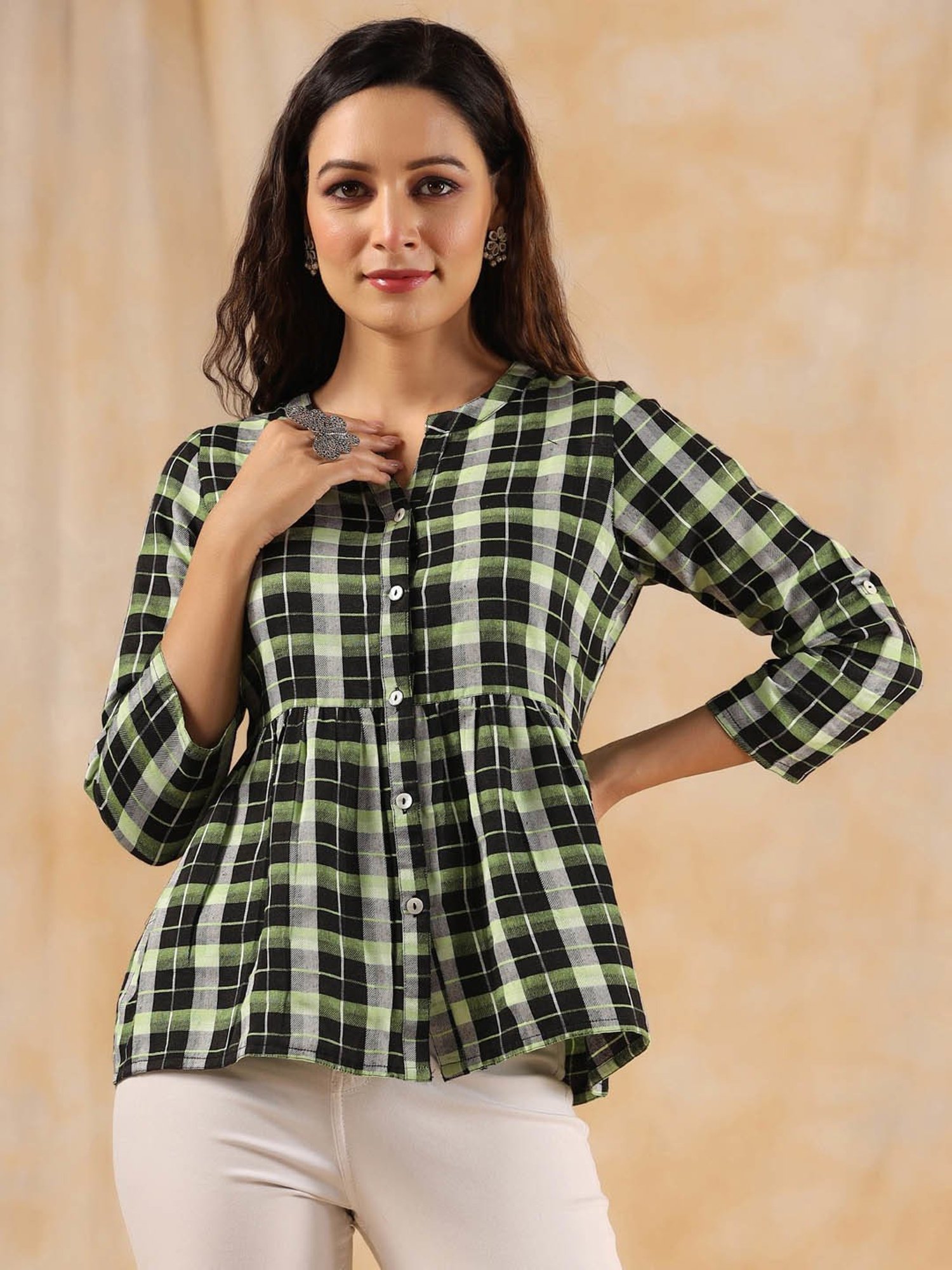 Jaipur Kurti Green Check Peplum Top