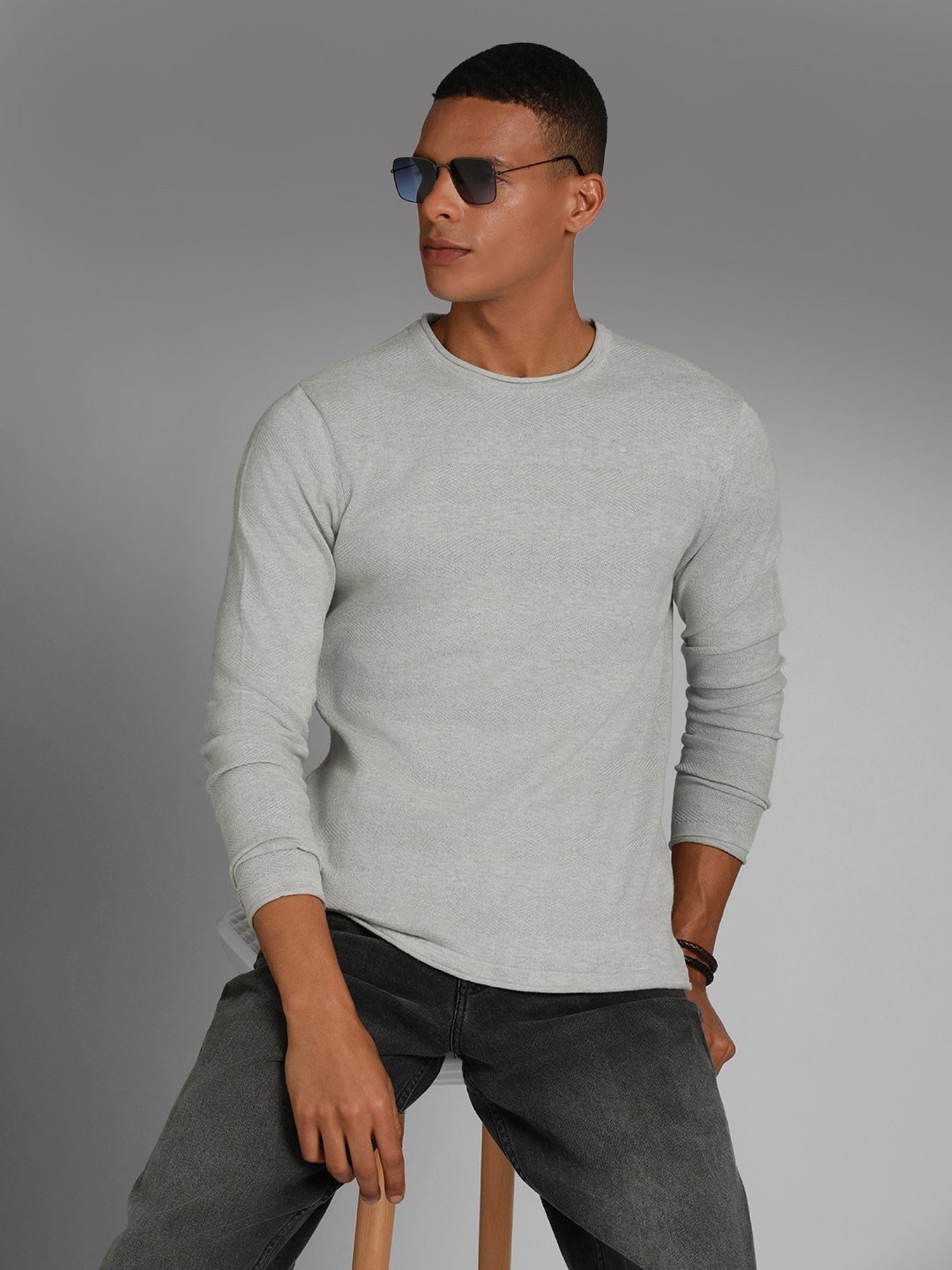 High Star Grey Cotton Regular Fit Sweater