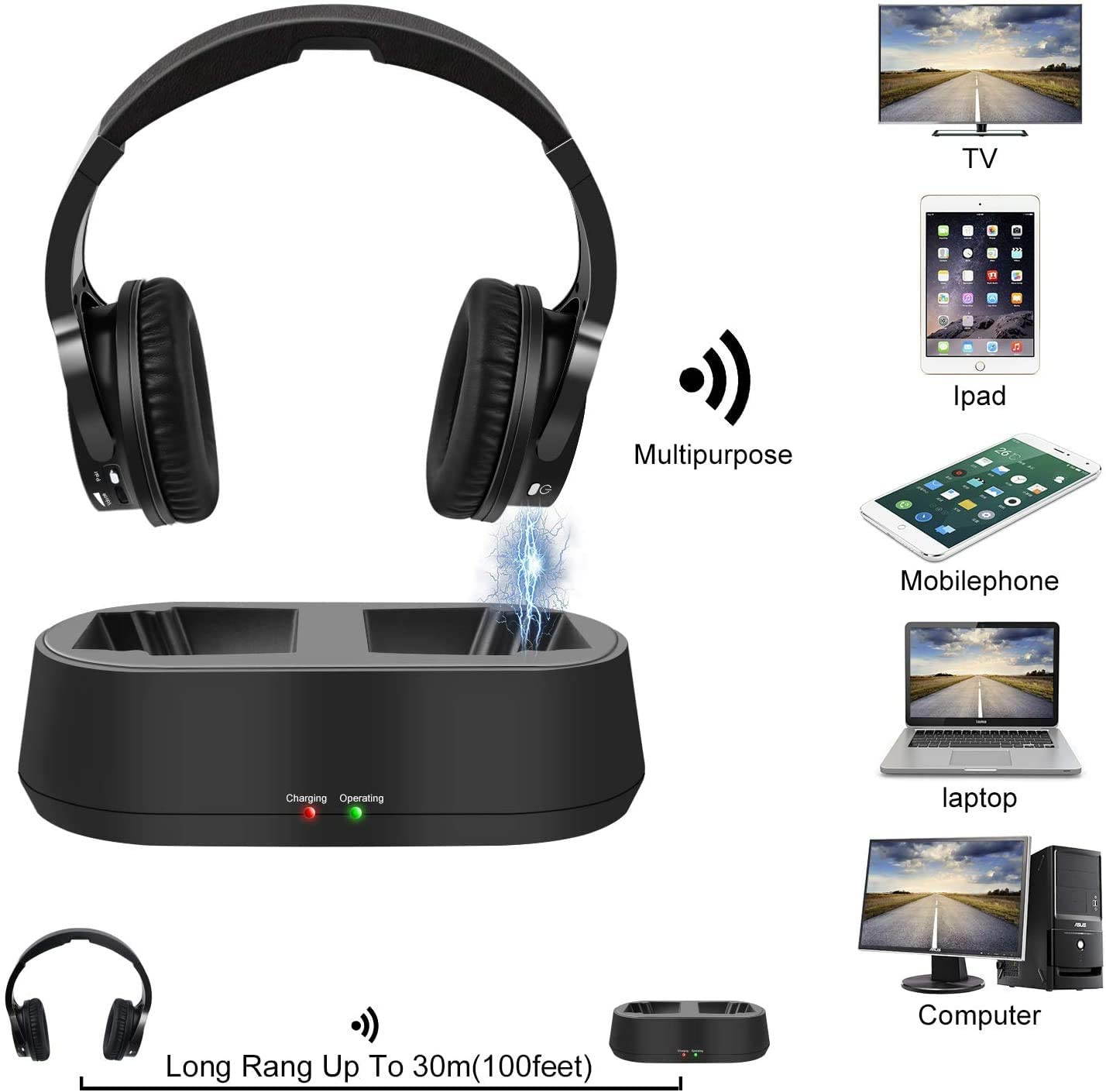 DIGITNOW Wireless TV Headphones with Transmitter Dock, Over-Ear Cordless Headset with RCA / 3.5MM Input, for Watching Home Television Game 100 Feet Play Range