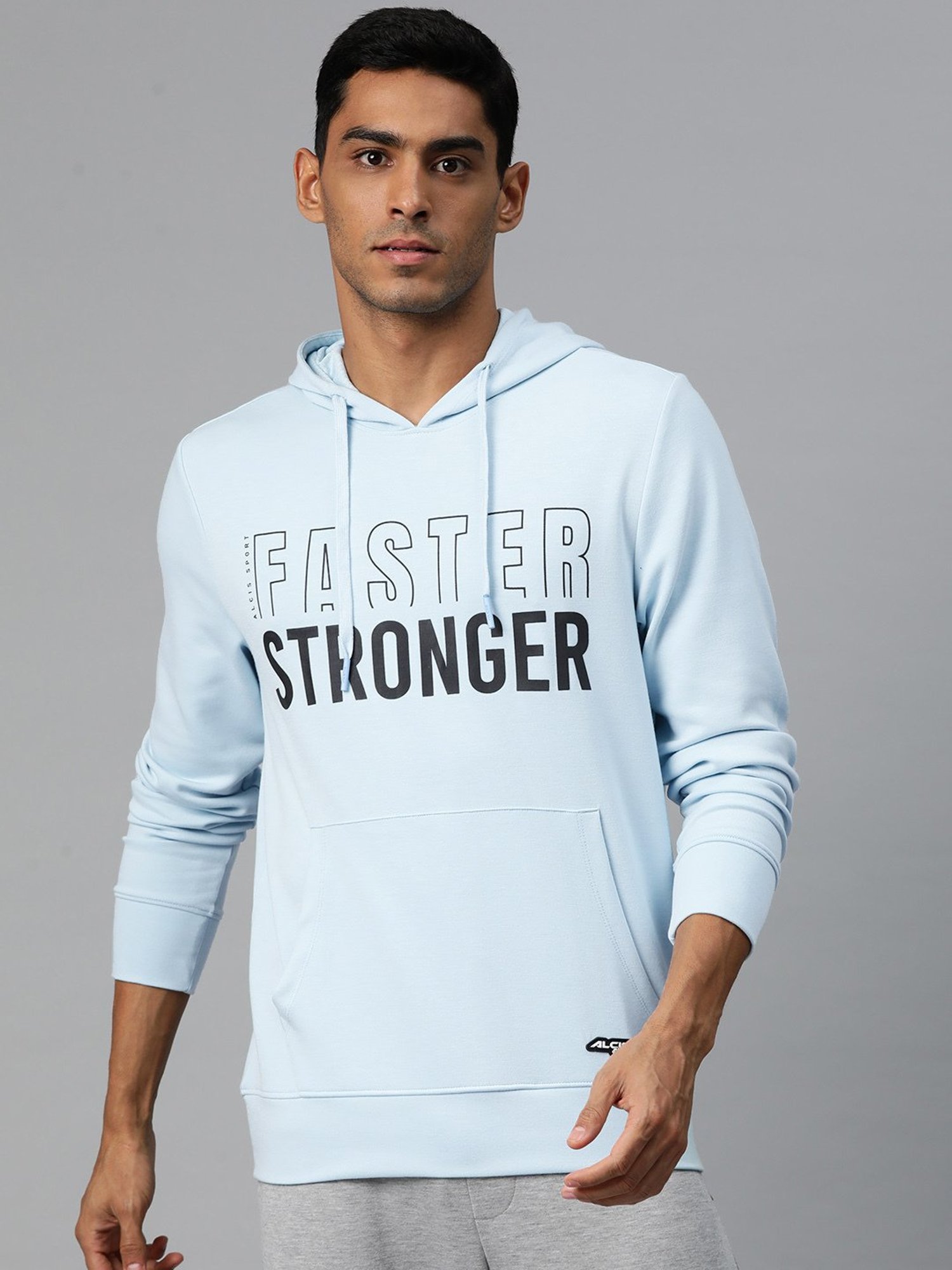 ALCIS Light Blue Slim Fit Printed Hooded Sweatshirt