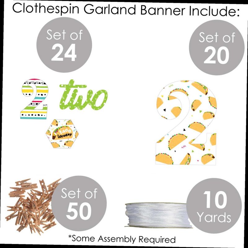 Big Dot of Happiness Taco Twosday - Mexican Fiesta Second Birthday Party DIY Decorations - Clothespin Garland Banner - 44 Pieces