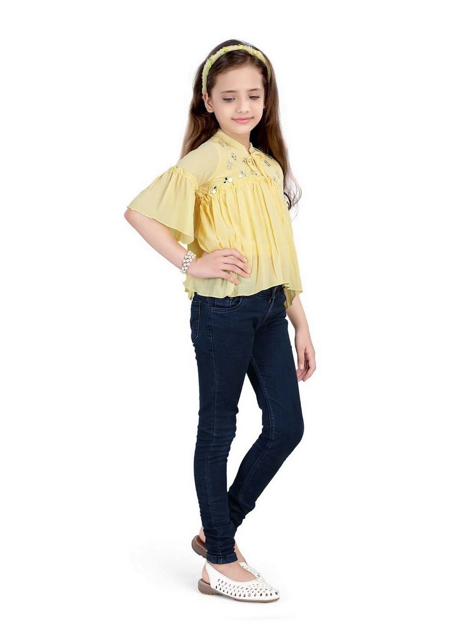 poplins Kids Yellow Cotton Embellished Top