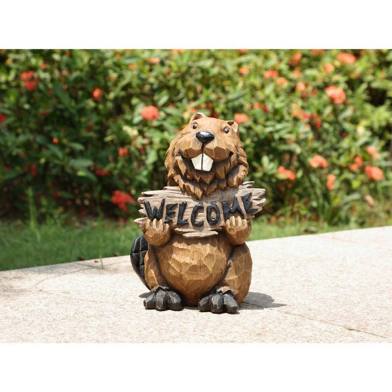 11.75" Polyresin Beaver Holding a Welcome Sign Outdoor Statue Brown - Hi-Line Gift