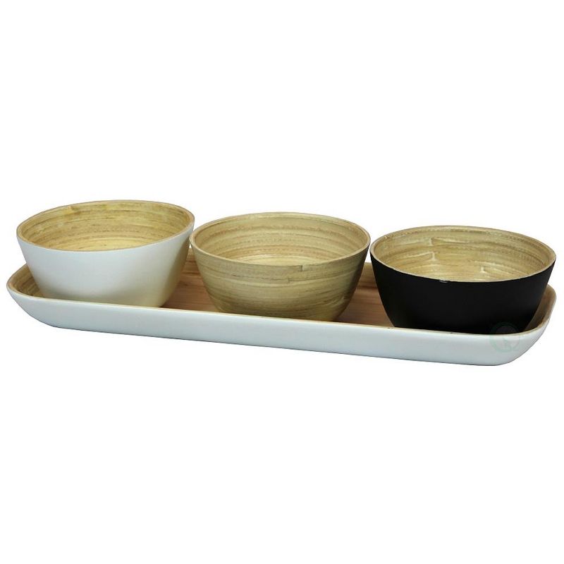 Basicwise White Bamboo Tray with Three Tricolor Bowls, in Natural, Black, and White
