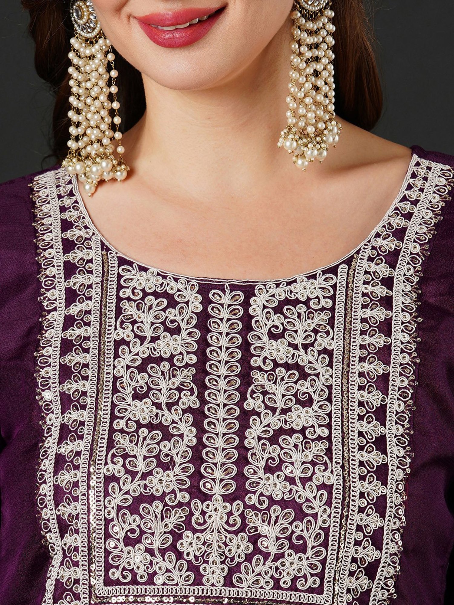 Indo Era Purple Embroidered Kurta With Pant & Dupatta