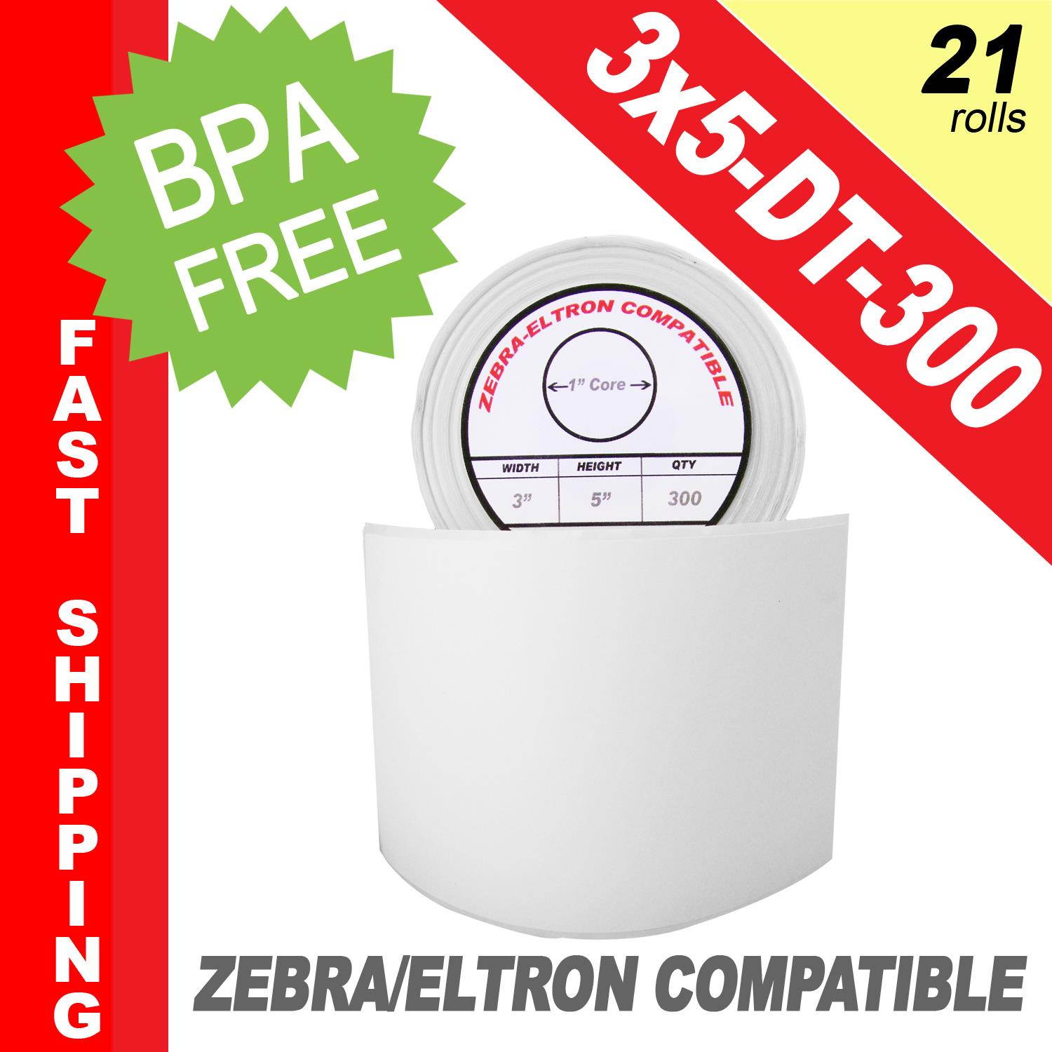 Zebra/Eltron-Compatible 3 x 5 Labels (3" x 5") -- BPA Free! (21 Rolls; 300 Labels per Roll)