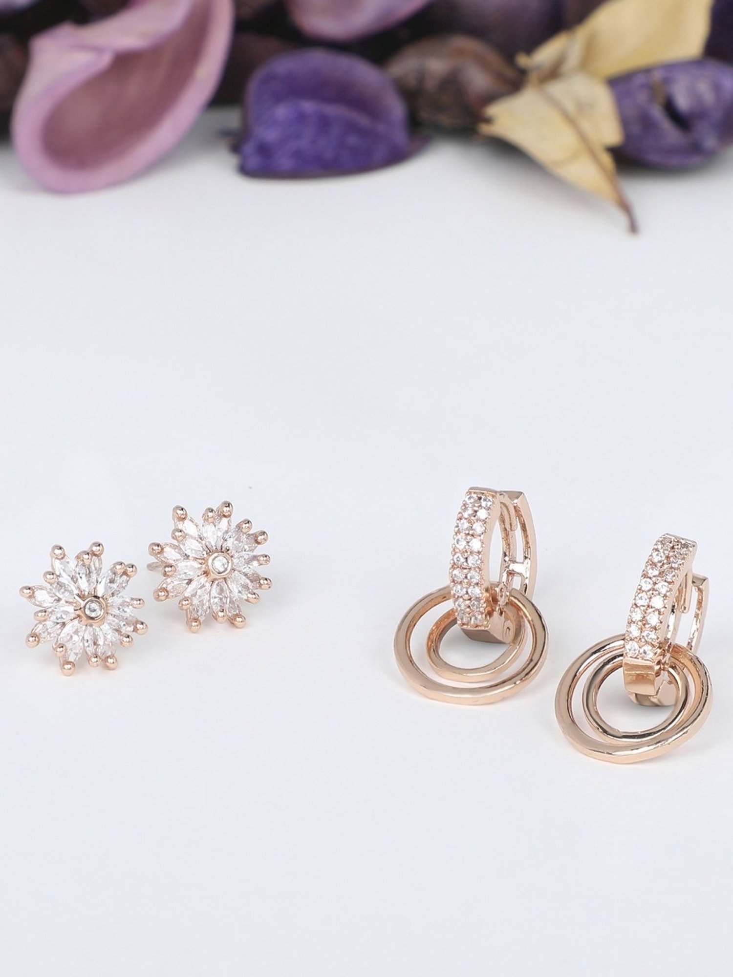 Zaveri Pearls Set of 2 Rose Gold & Gold Tone Cubic Zirconia Brass Stud & Hoop Earrings - ZPFK11161
