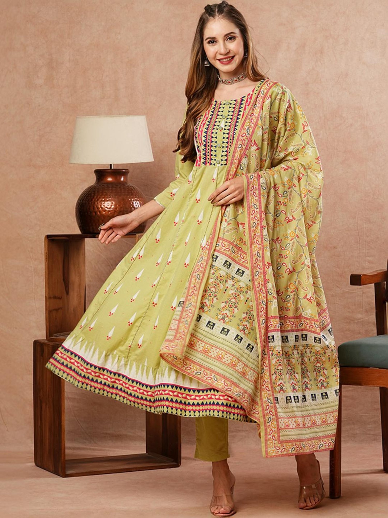 Fashor Green Cotton Printed Kurta Pant Set With Dupatta