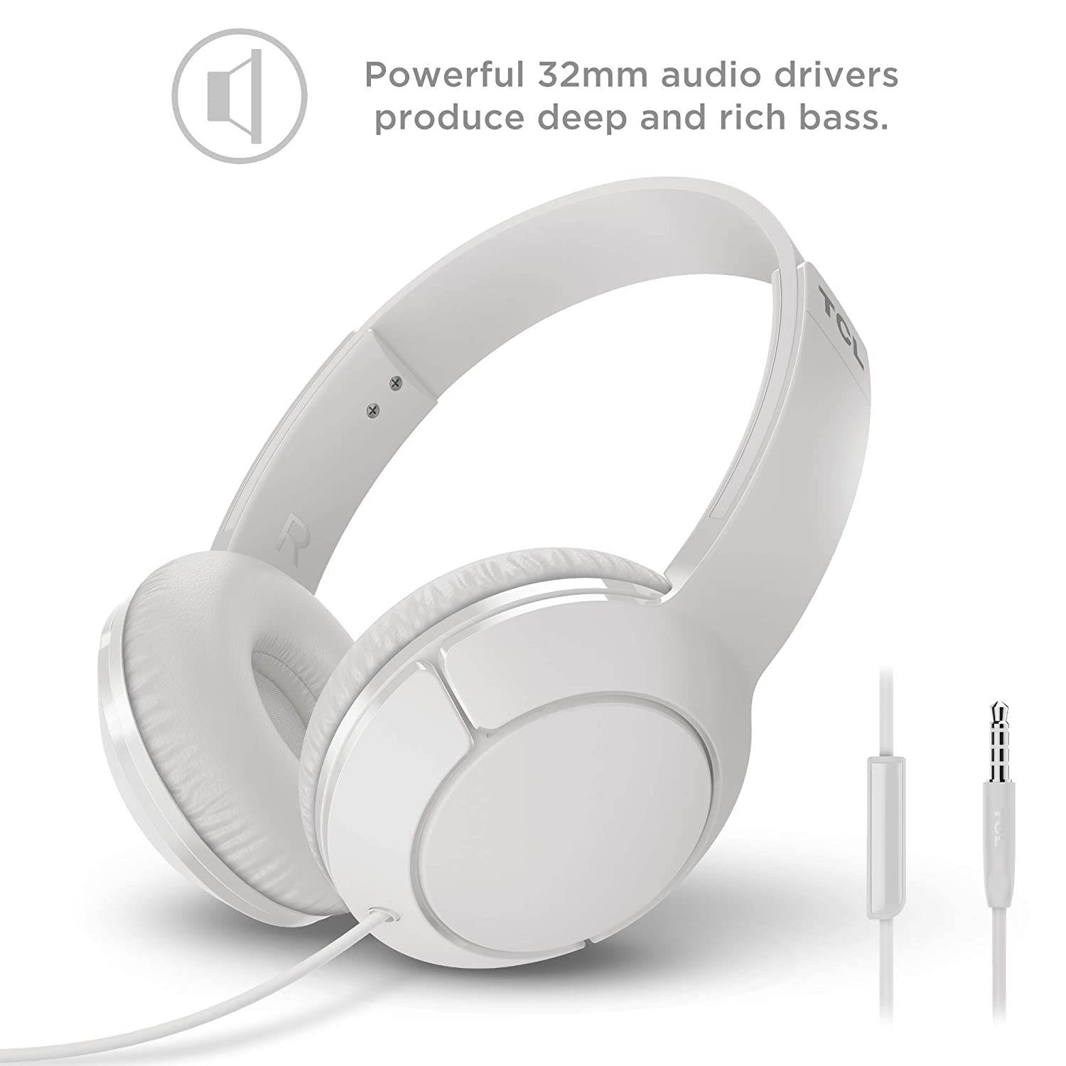 TCL MTRO200 On-Ear Wired Headphones Super Light Weight Headphones with 32mm drivers for Huge Bass and Built-in Mic &ndash; Ash White