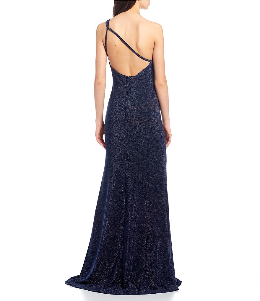 Midnight Doll One-Shoulder Double Strap High Side Slit Glitter Knit Sheath Long Dress