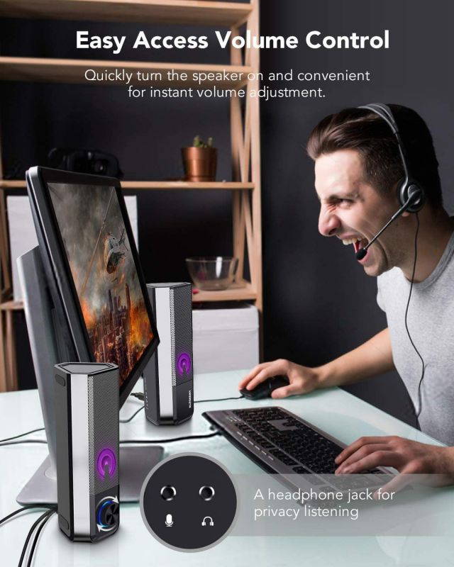 Computer Speakers, Bluetooth 5.0 PC Speakers with Stereo Sound Colorful LED Light Detachable 2 in1 Gaming Speakers Mini Soundbar 3.5mm for PC Cellphone Tablets Desktop Laptop