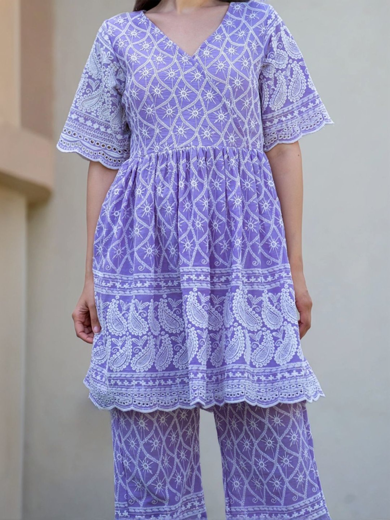 HOUSE OF JAMOTI Purple Cotton Embroidered Tunic Pant Set